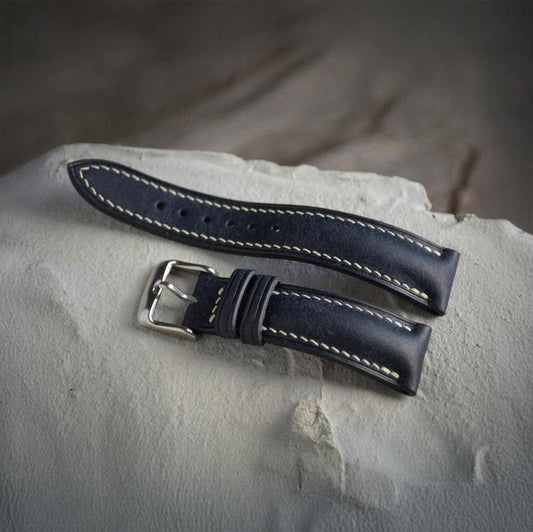 Handmade Navy Buttero Leather Watch Strap, Vintage Style, Hand-Stitched, Custom Size