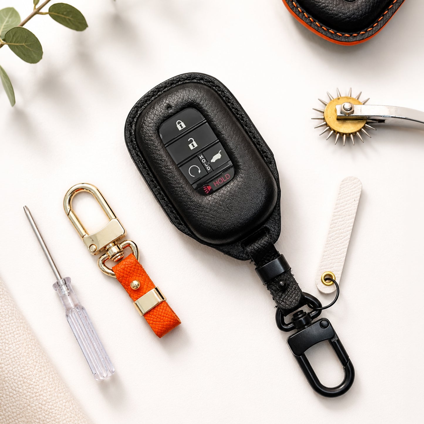 Honda Leather Key Fob Cover, Compatible with CR-V, Accord, Civic, Odyssey, Vezel, Ridgeline, Personalized Keychain