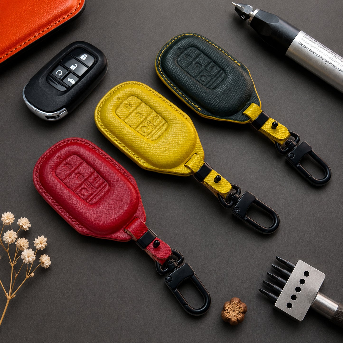 Honda Leather Key Fob Cover, Compatible with CR-V, Accord, Civic, Odyssey, Vezel, Ridgeline, Personalized Keychain