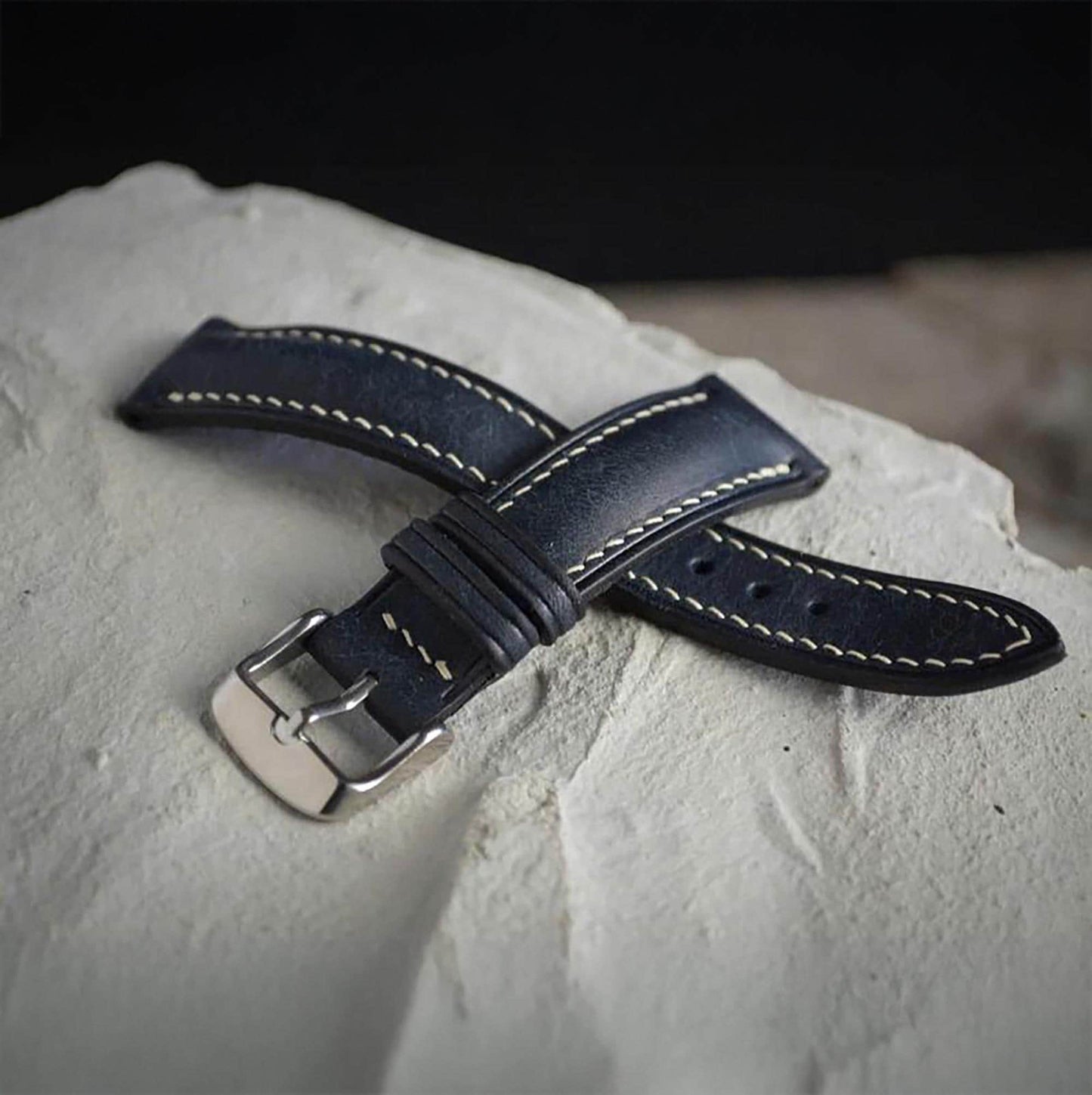 Handmade Navy Buttero Leather Watch Strap, Vintage Style, Hand-Stitched, Custom Size