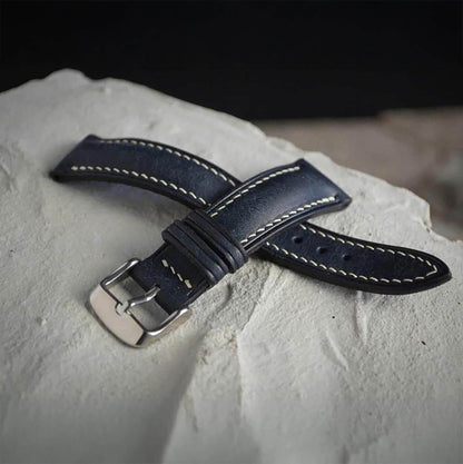 Handmade Navy Buttero Leather Watch Strap, Vintage Style, Hand-Stitched, Custom Size
