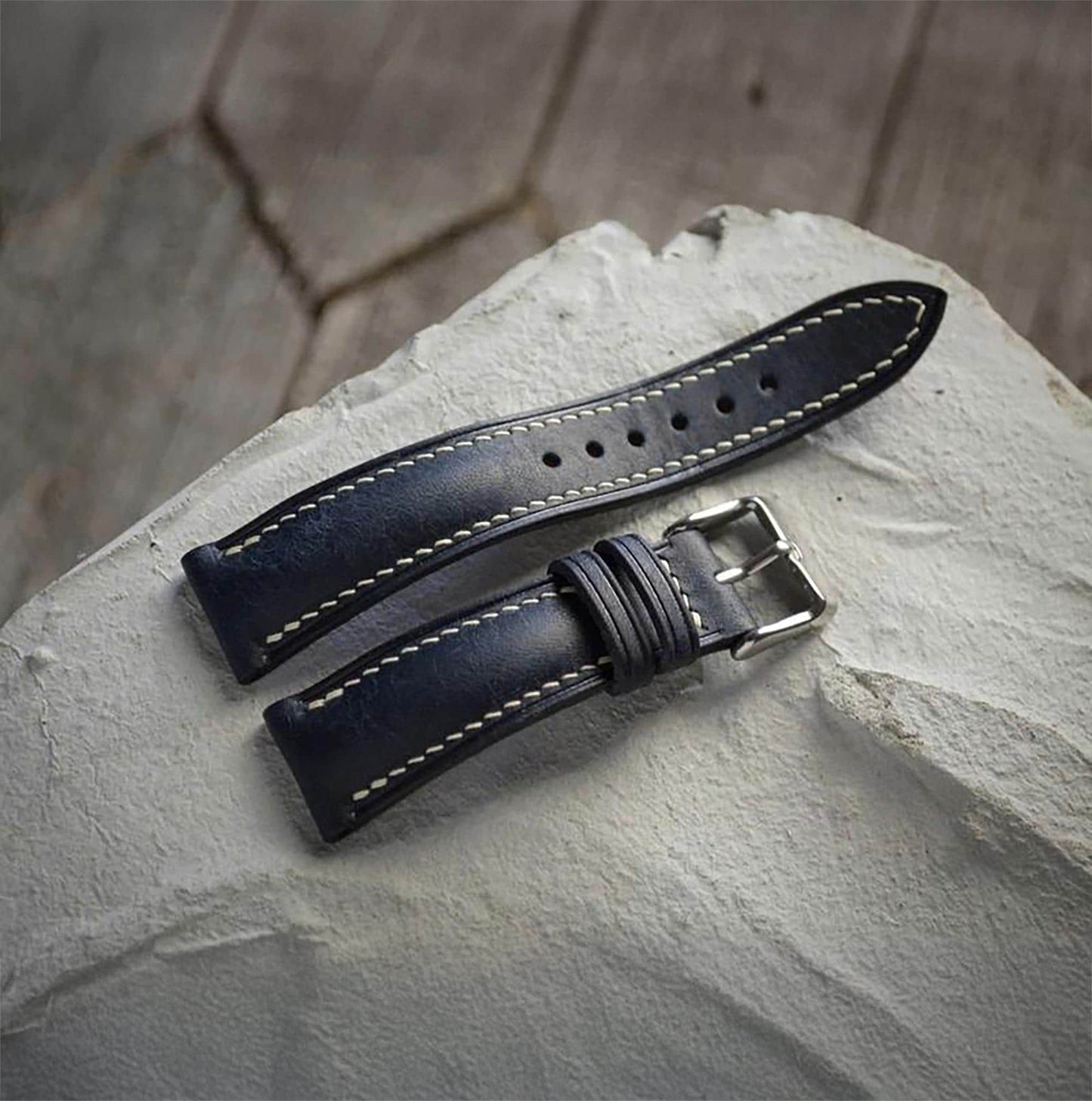 Handmade Navy Buttero Leather Watch Strap, Vintage Style, Hand-Stitched, Custom Size