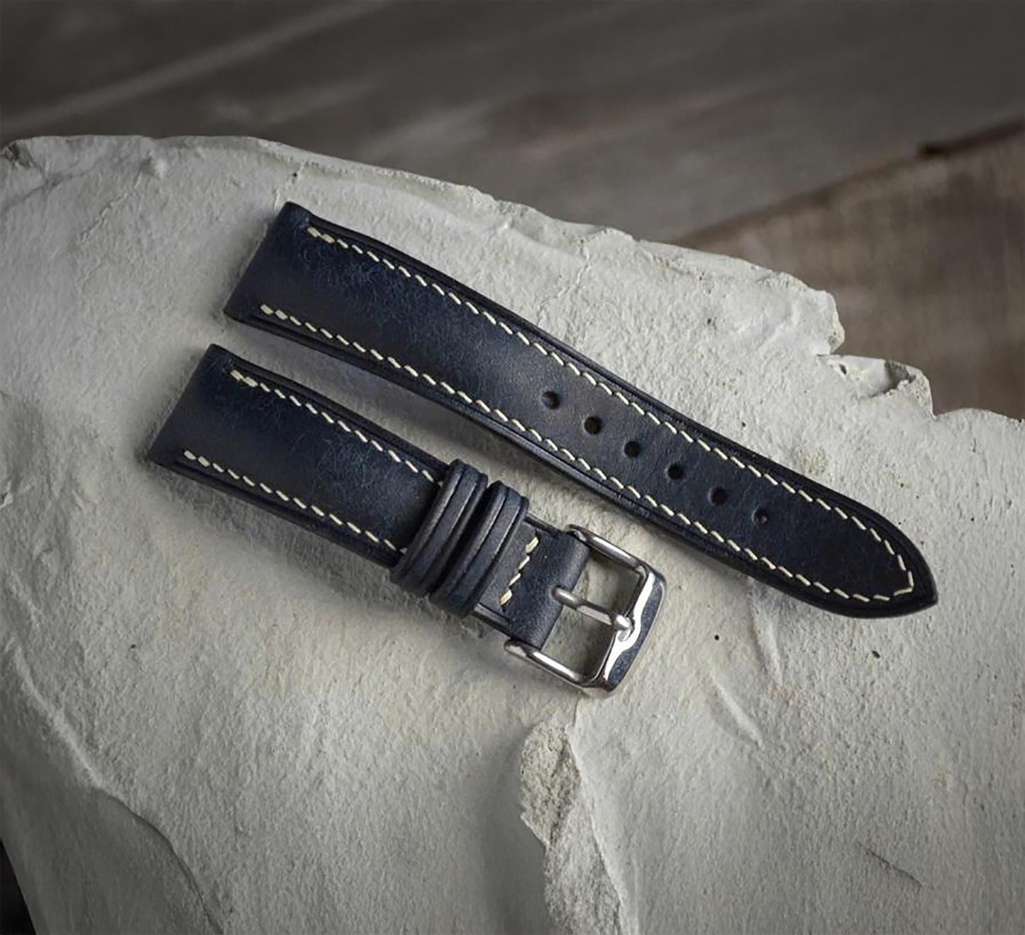 Handmade Navy Buttero Leather Watch Strap, Vintage Style, Hand-Stitched, Custom Size