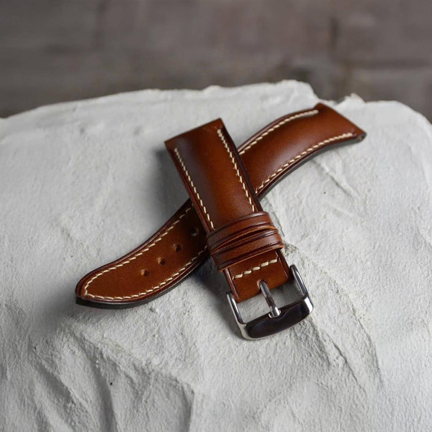 Handmade Brown Buttero Leather Watch Strap, Vintage Style, Hand-Stitched, Custom Size