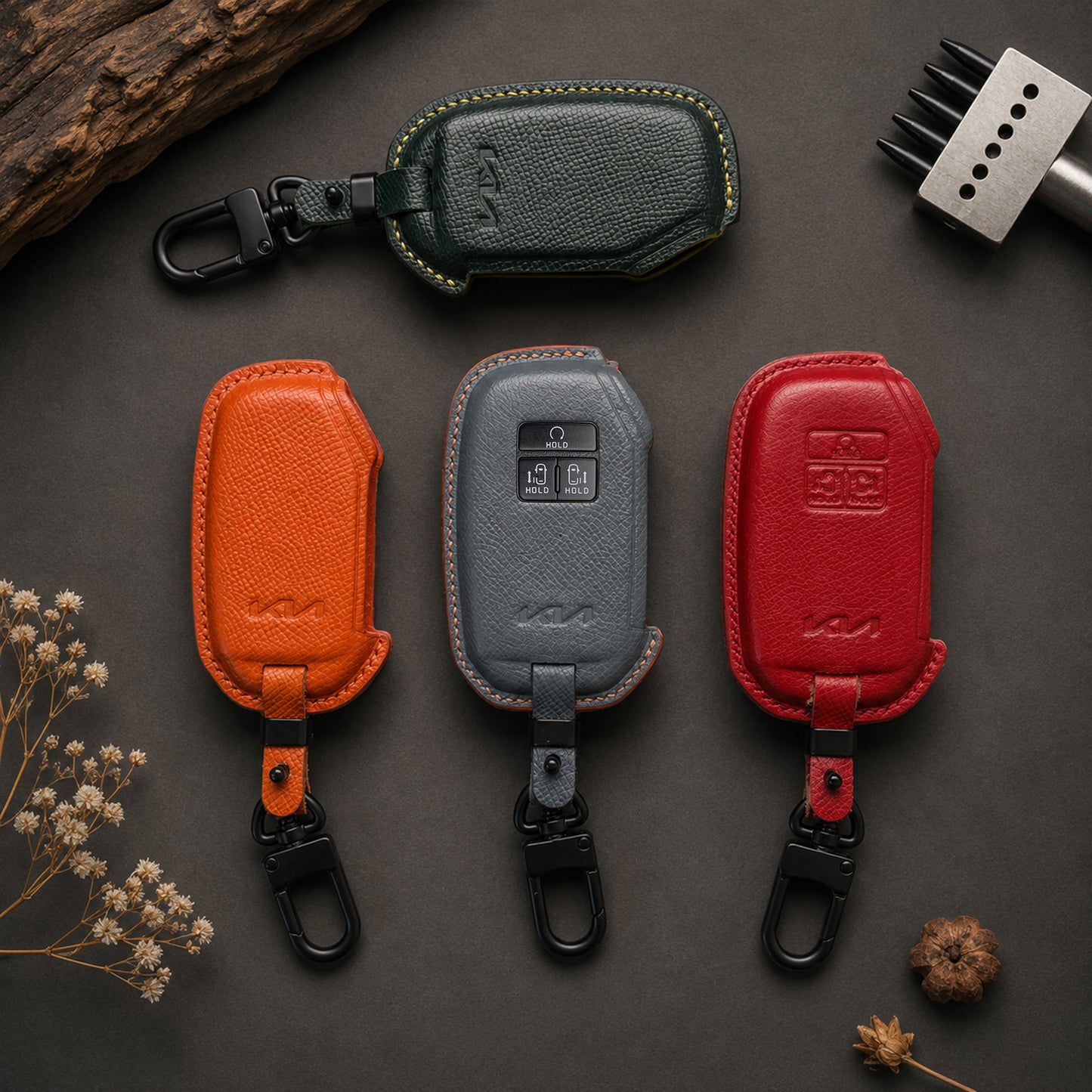 Handmade Leather Key Fob Cover For Forte, K5, Niro, Seltos, Sorento, Soul, Sportage Telluride, Cerato, EV6,EV3, EV9)
