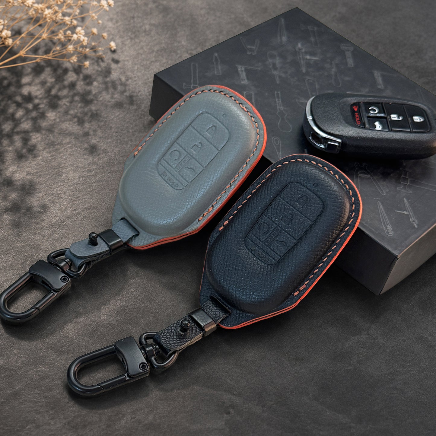 Honda Leather Key Fob Cover, Compatible with CR-V, Accord, Civic, Odyssey, Vezel, Ridgeline, Personalized Keychain