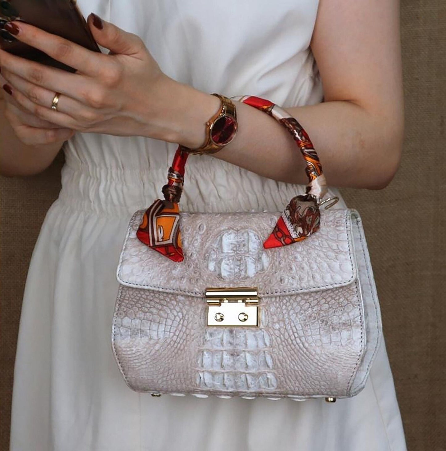 Handmade Alligator Leather Handbag, Luxury Small Top Handle Bag, Elegant Womens Leather Purse
