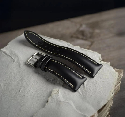 Handmade Black Buttero Leather Watch Strap, Vintage Style, Hand-Stitched, Custom Size