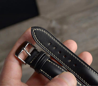 Handmade Black Buttero Leather Watch Strap, Vintage Style, Hand-Stitched, Custom Size