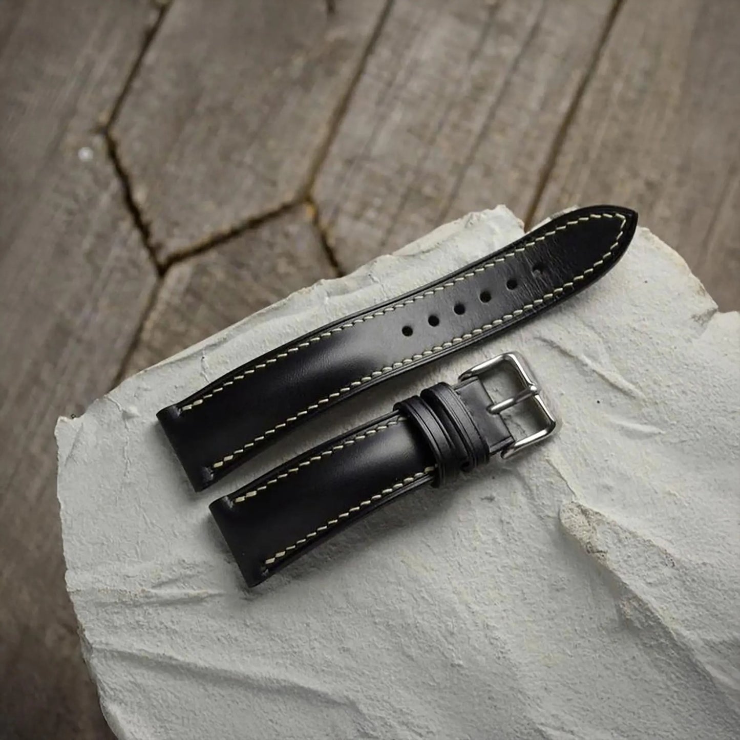 Handmade Black Buttero Leather Watch Strap, Vintage Style, Hand-Stitched, Custom Size